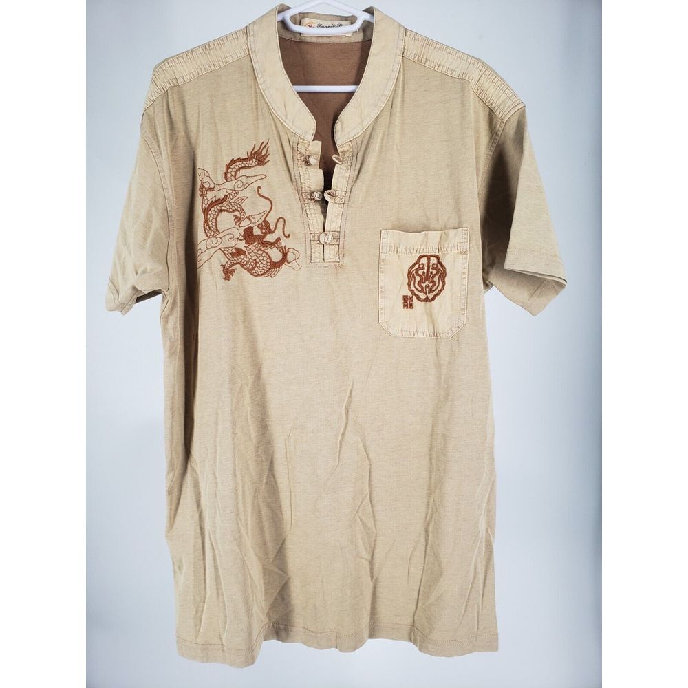 Embroidered‎ Chinese Dragon 100% Cotton Shirt Size 52 Toggle w/ Band Collar